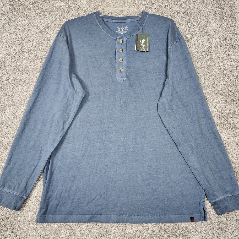 Woolrich Henley Shirt Mens Large Blue First Forks Long Sleeve Cotton Top